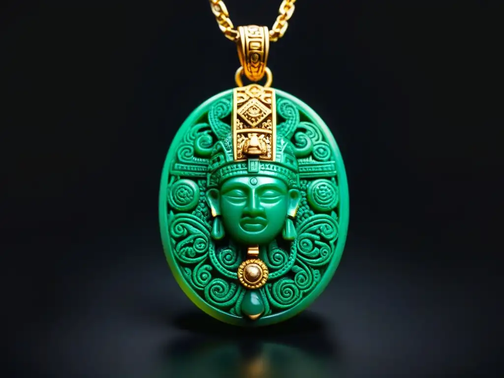 Amuleto azteca de jade y oro, con símbolos de dioses de protección y fuerza, detallado y vibrante en un fondo de terciopelo oscuro