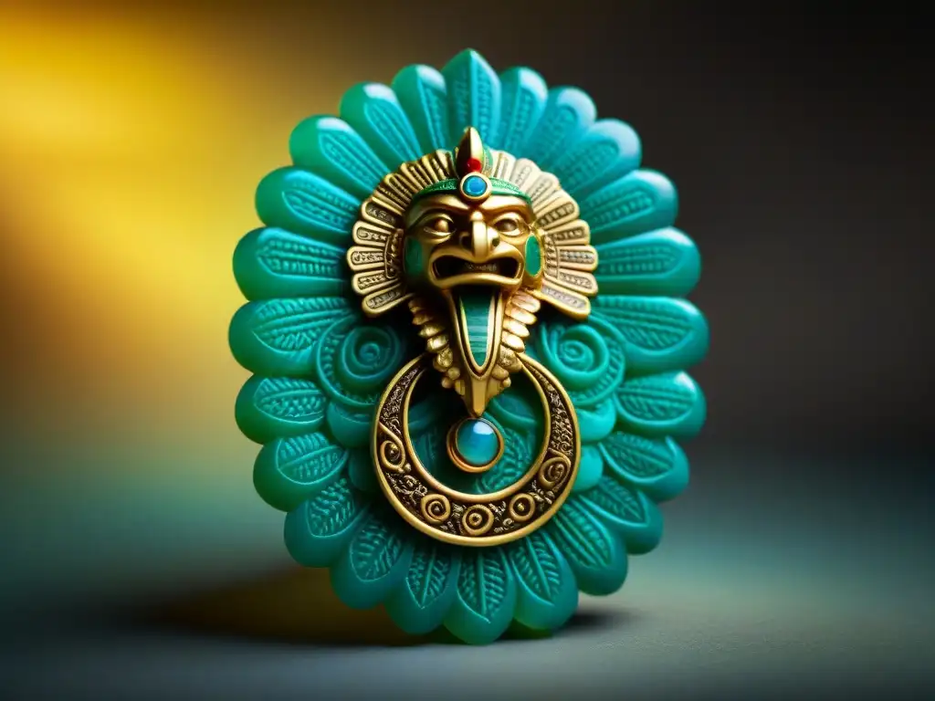 Un amuleto azteca de jade, oro y turquesa, detallado y vibrante, representa a Quetzalcoatl