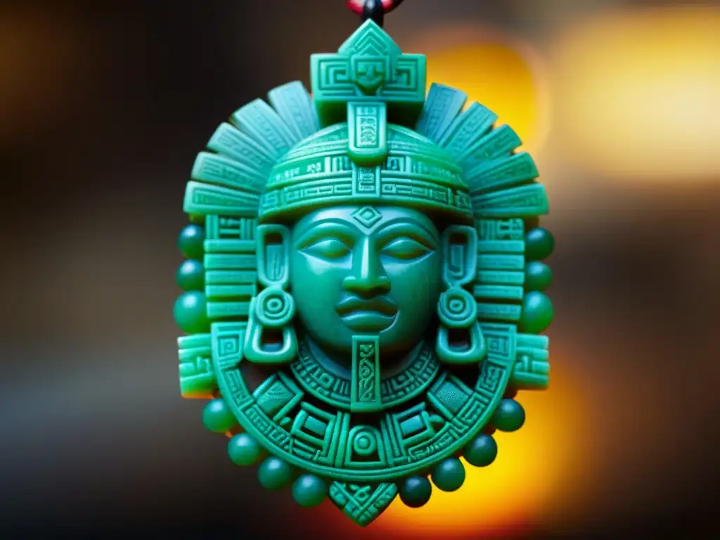 Un amuleto azteca de jade radiante con símbolos de poder y protección, conectando con los dioses aztecas