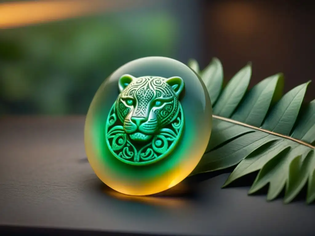 Amuleto de protección de civilizaciones antiguas: jaguar tallado en jade sobre hojas verdes en habitación iluminada