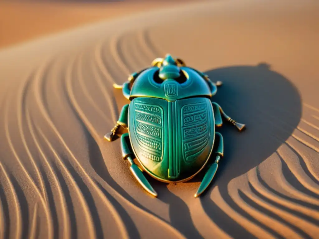 Amuleto egipcio de escarabajo tallado en jade, con jeroglíficos, en las dunas doradas al atardecer