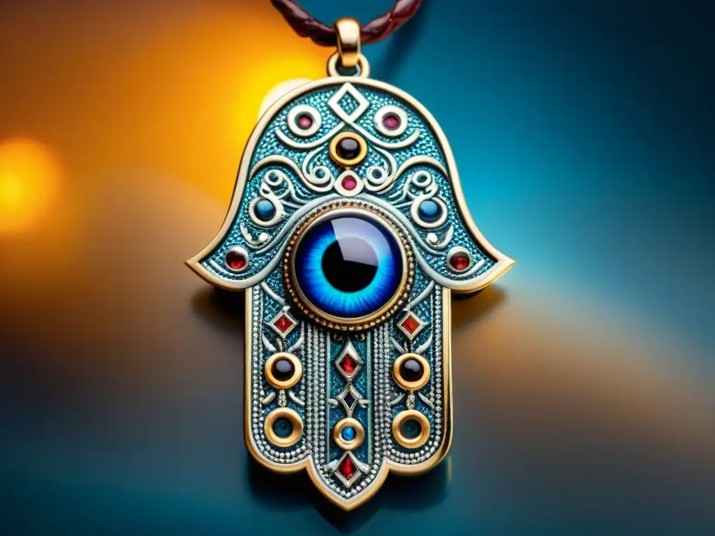 Amuleto Hamsa detallado rodeado de talismanes de protección contra el Mal de Ojo, representando creencias culturales diversas