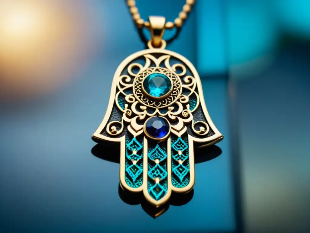 Amuleto Hamsa con detalles en filigrana y gemas azules, simbolizando protección y suerte