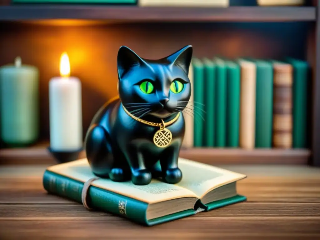 Un amuleto de madera tallado de un gato negro con ojos verdes, rodeado de velas, libros y símbolos antiguos