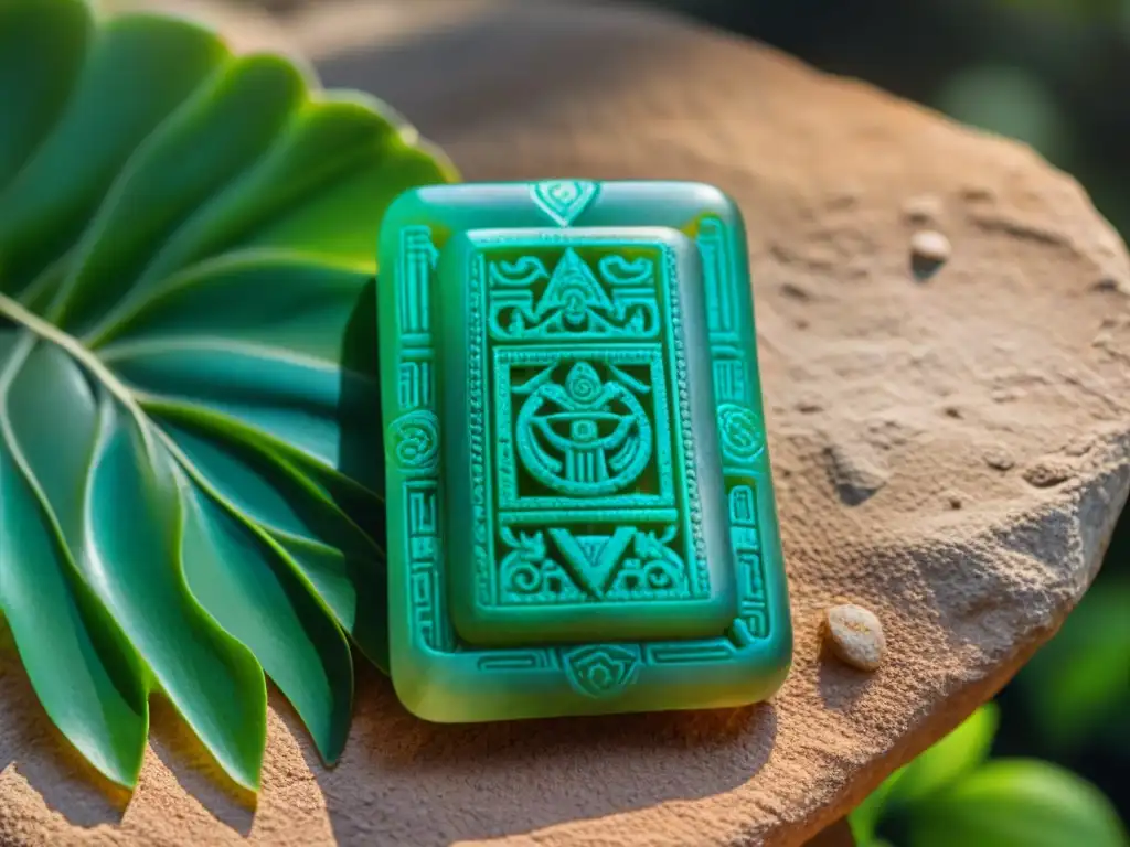 Un amuleto maya de jade con símbolos protectores tallados, brillando bajo la luz del sol en ruinas antiguas