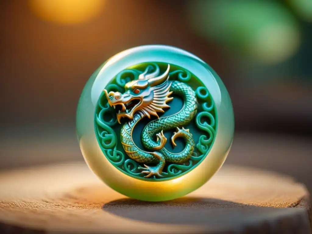 Un amuleto de jade con un dragón y una perla brillante, símbolos de poder y sabiduría en la cultura china