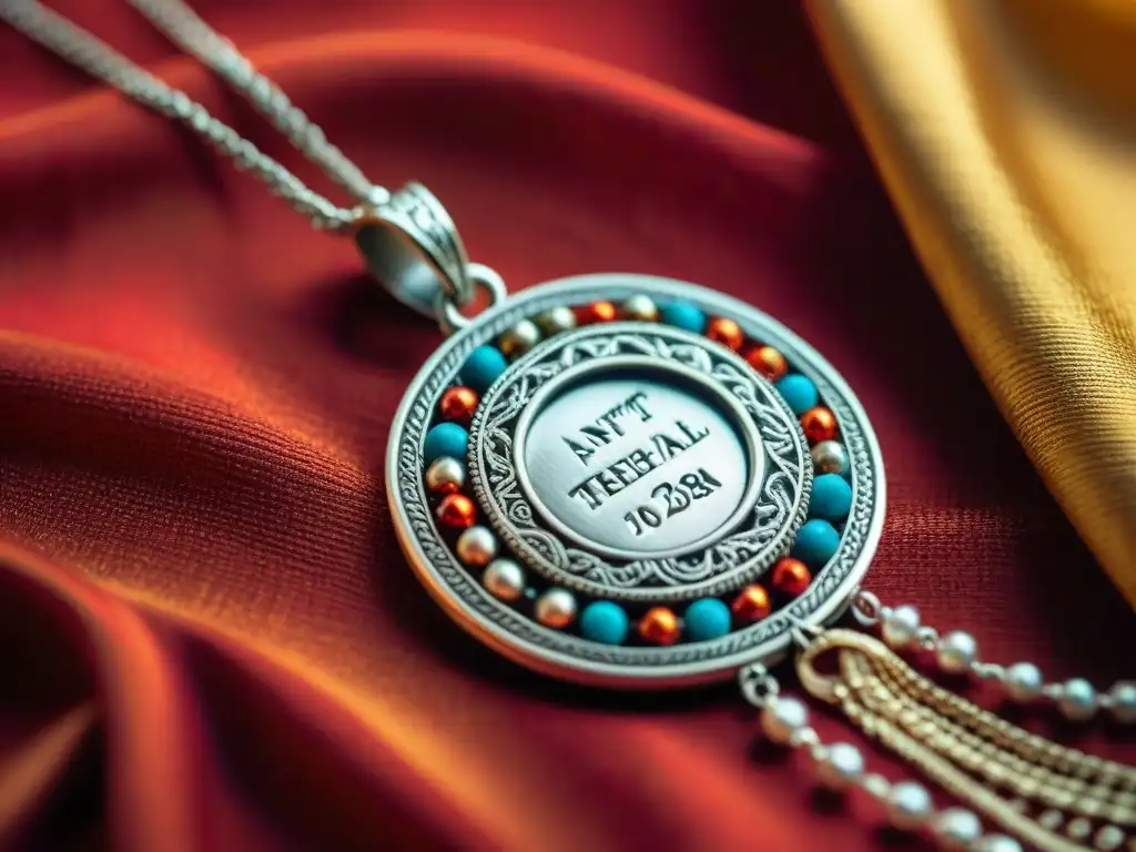 Amuleto hindú de plata y perlas en seda roja y dorada Un amuleto de plata con cuentas y grabados, colgando de una cadena sobre seda roja y dorada