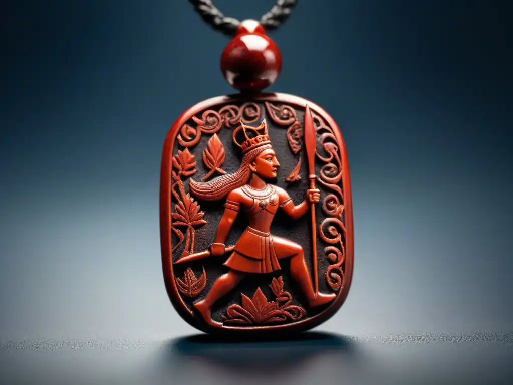 Un amuleto de jaspe rojo esculpido con detalle, simbolizando a un rey guerrero en batalla