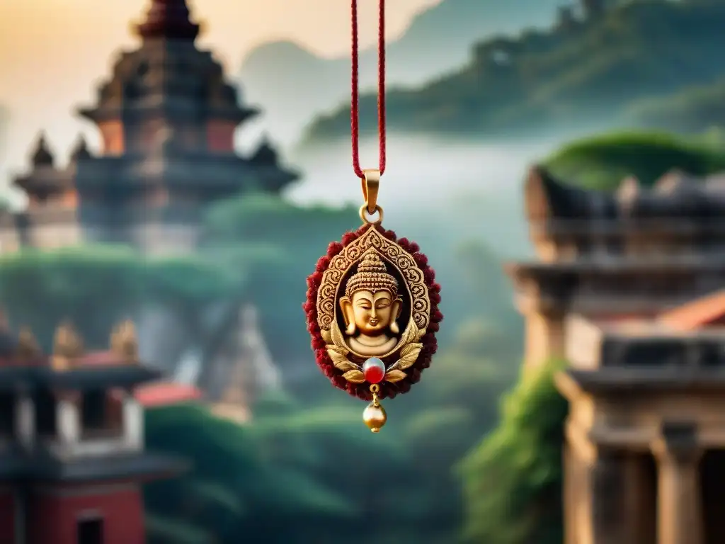 Colgante de Rudraksha tallado con Shiva en hilo rojo y templo dorado Amuleto sagrado de la India antigua: colgante de semilla Rudraksha tallada con Shiva grabado, detalles en oro y hilo rojo