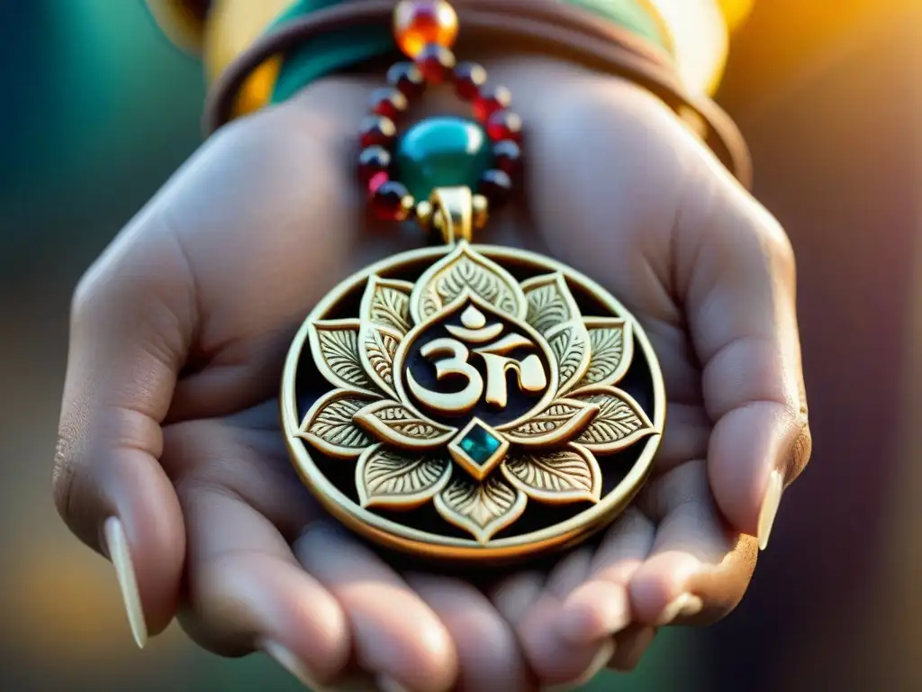 Amuleto hindú de oro y gemas en mercado vibrante Un amuleto sagrado de la India antigua, tallado en oro y gemas preciosas, sostenido por una mano decorada con henna en un bullicioso mercado
