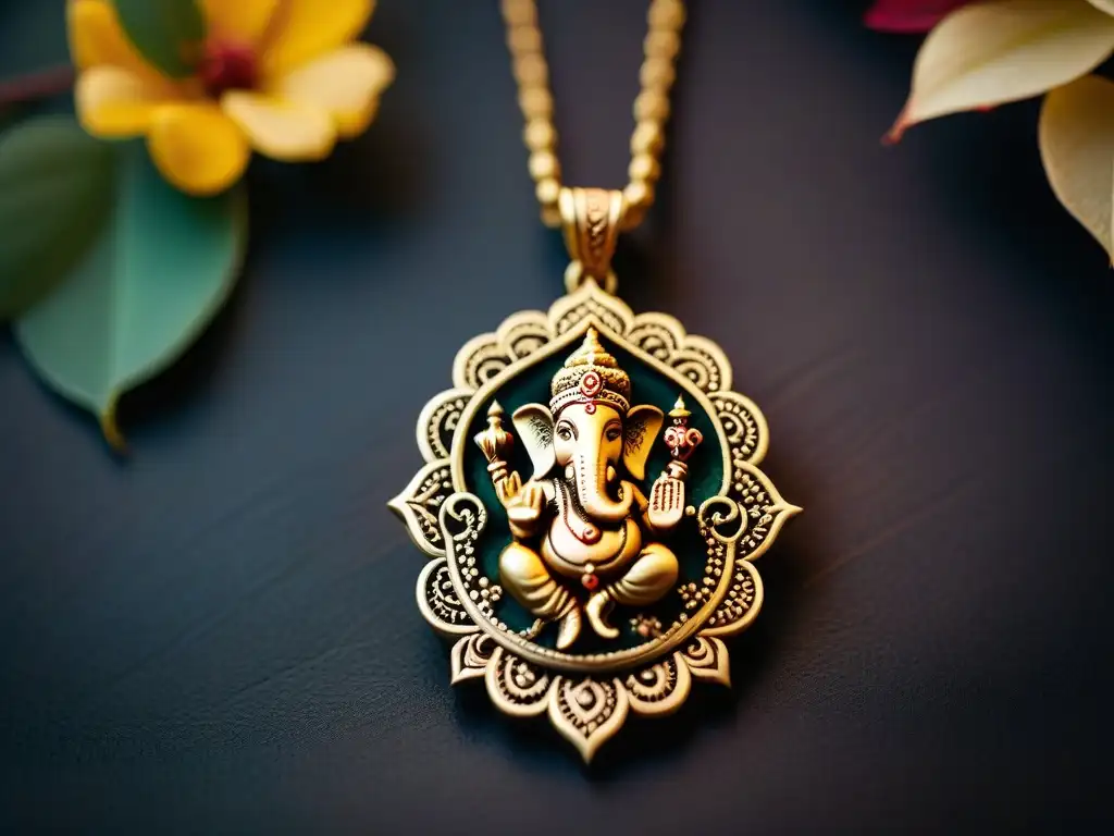 Precioso colgante amuleto de oro con Ganesha tallado Un amuleto sagrado de la India antigua: detallado colgante con la imagen de Ganesha en oro sobre terciopelo oscuro