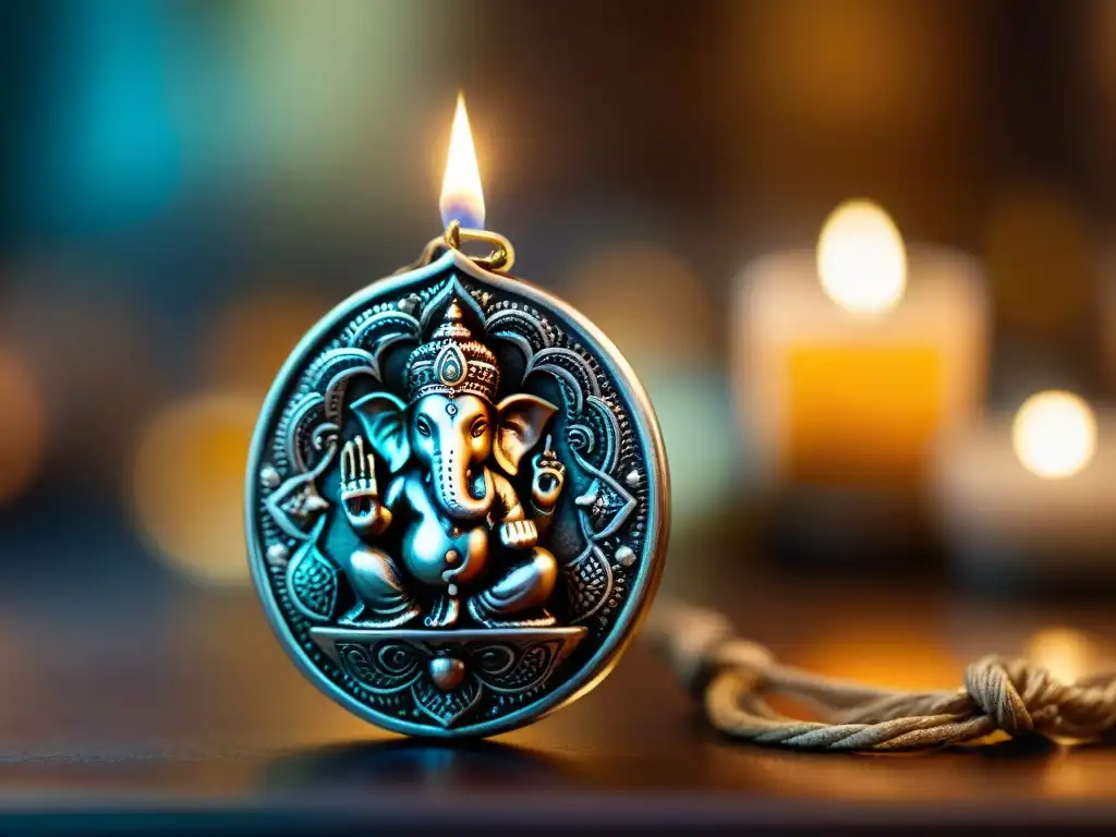 Amuleto de plata antiguo de la India: detalle y misticismo Amuleto sagrado de la India antigua con detalles de deidades hindúes y patrones intricados, iluminado por una vela en un templo misterioso