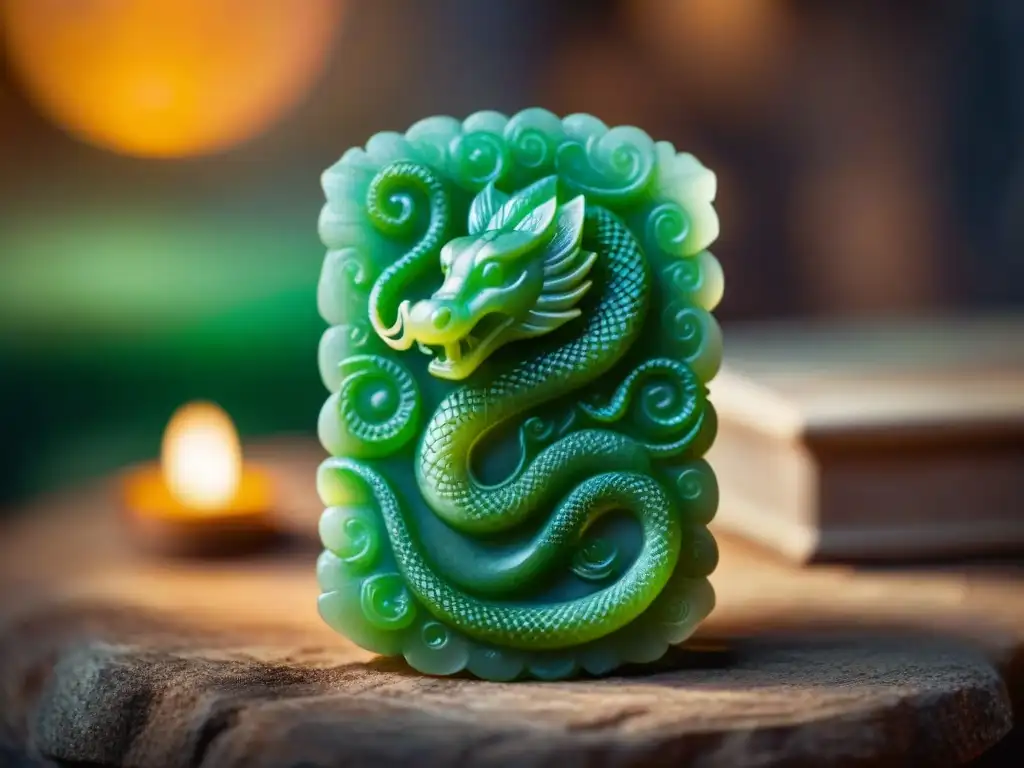 Un amuleto de serpiente tallado en jade, con detalles verdes vibrantes, en un antiguo templo iluminado por velas