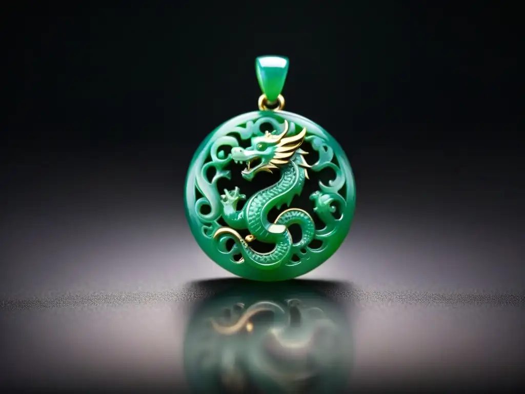 Amuletos de Jade Antigua China: Colgante de jade tallado con dragones, simbolizando poder y protección, sobre terciopelo negro