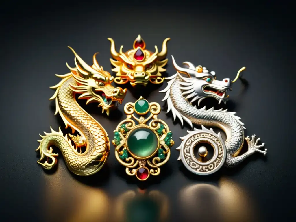 Colección de amuletos dragón de la cultura china con significados de poder y sabiduría, detallados en metales y gemas preciosas sobre terciopelo oscuro iluminados por focos suaves