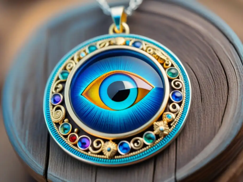 Amuletos de protección contra mal de ojo: Detalle de un dije con ojo turco azul rodeado de talismanes protectores en una mesa de madera rústica