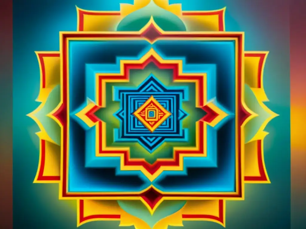 Yantra hindú: geometría sagrada y protección espiritual Amuletos sagrados India antigua: Detalles de un yantra tradicional hindú con colores vibrantes y líneas precisas