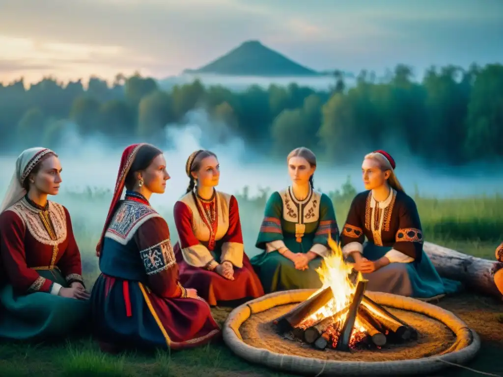 Celebración ancestral de los Eslavos del sur historia misteriosa alrededor de fogata en el bosque al anochecer