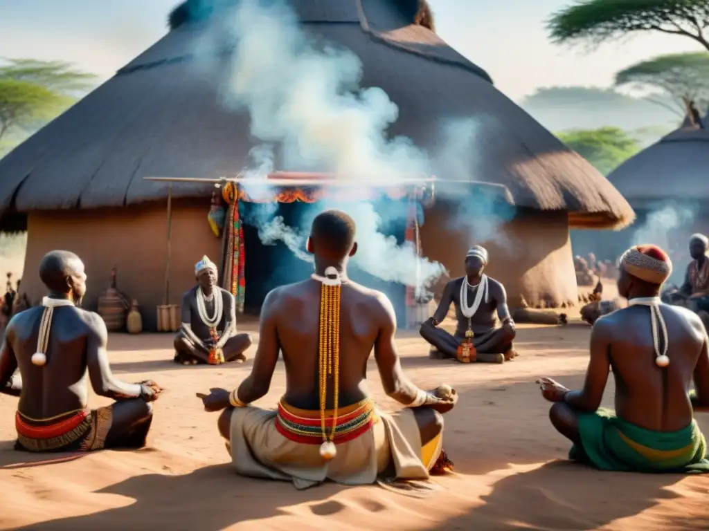 Conexión ancestral: Ancianos realizan ritual espiritual en aldea africana al atardecer