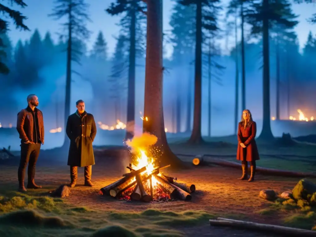 Celebración ancestral de Samhain con personas alrededor de una hoguera en el bosque