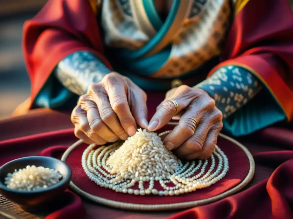 Una anciana adivina japonesa examina con cuidado granos de arroz en vibrante paño rojo