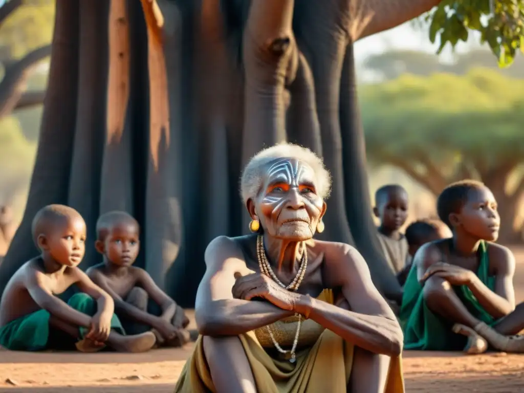 Una anciana africana con pinturas tribales narra cuentos bajo un baobab a niños atentos