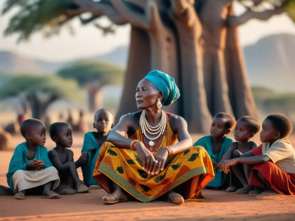 Una anciana africana cuenta proverbios africanos bajo un baobab a niños atentos al atardecer