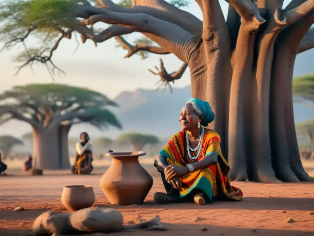 Una anciana africana contempla serena bajo un baobab mientras niños juegan