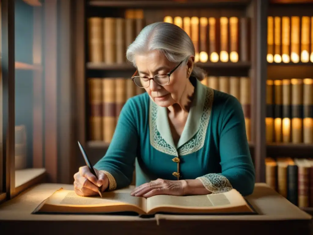 Una anciana bibliotecaria restaurando meticulosamente un antiguo manuscrito bajo la cálida luz de una bombilla incandescente en una sala de archivos polvorienta y tenue, rodeada de estanterías llenas de libros y pergaminos envejecidos