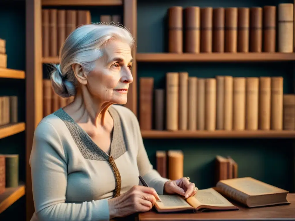 Una anciana con cabello plateado y arrugas, rodeada de libros antiguos, sostiene un diario