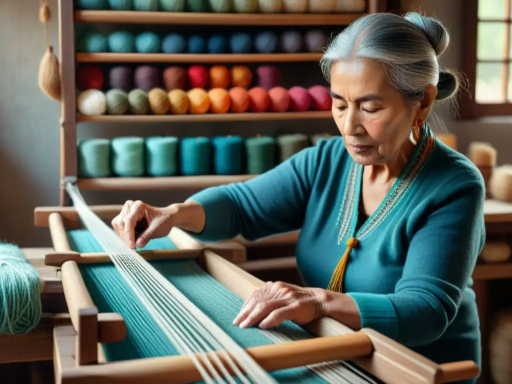 Una anciana tejiendo con destreza en un telar de madera, rodeada de hilos y textiles en un ambiente soleado, representando los Rituales de Tejido como Prácticas