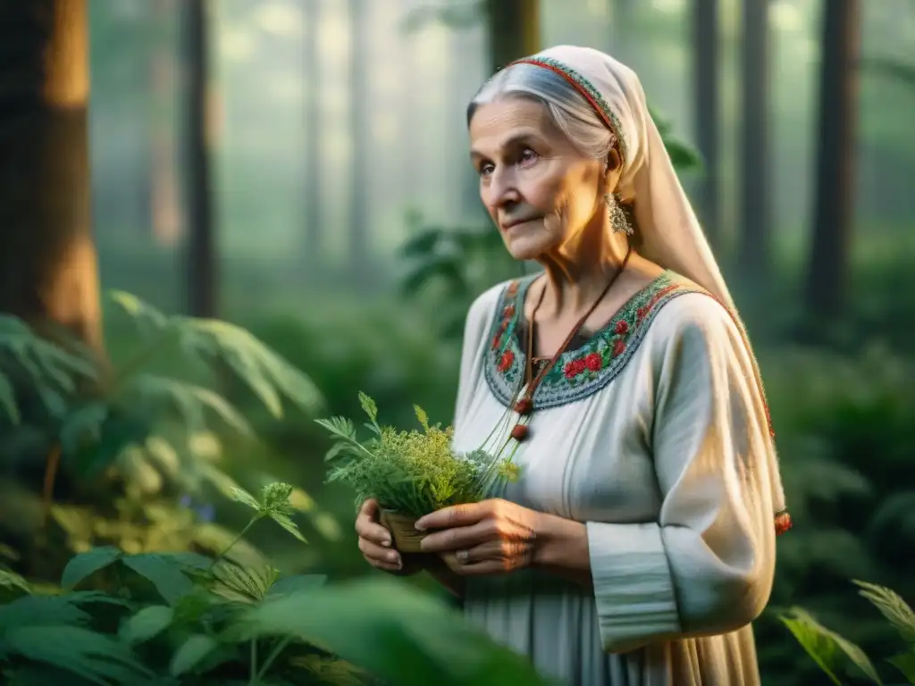 Una anciana eslava recolectando plantas medicinales en herbolaria eslava en un bosque soleado y exuberante