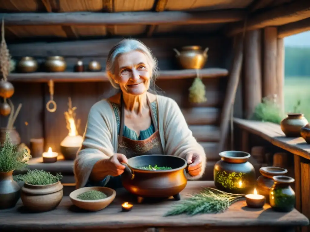 Hechicera eslava elaborando poción curativa en cabaña mística Una anciana eslavas con manos curtidas y sonrisa amable, rodeada de hierbas secas y botánicos en una cabaña de madera tenue