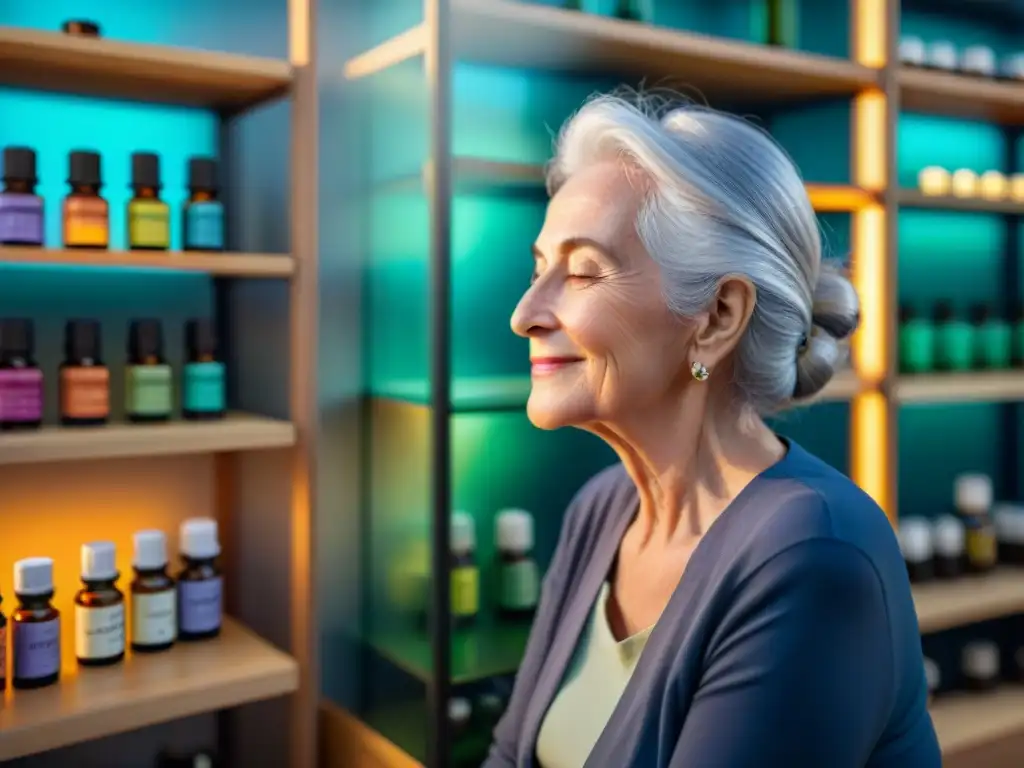 Una anciana disfruta de aromaterapia en una habitación llena de aceites esenciales para mejorar memoria