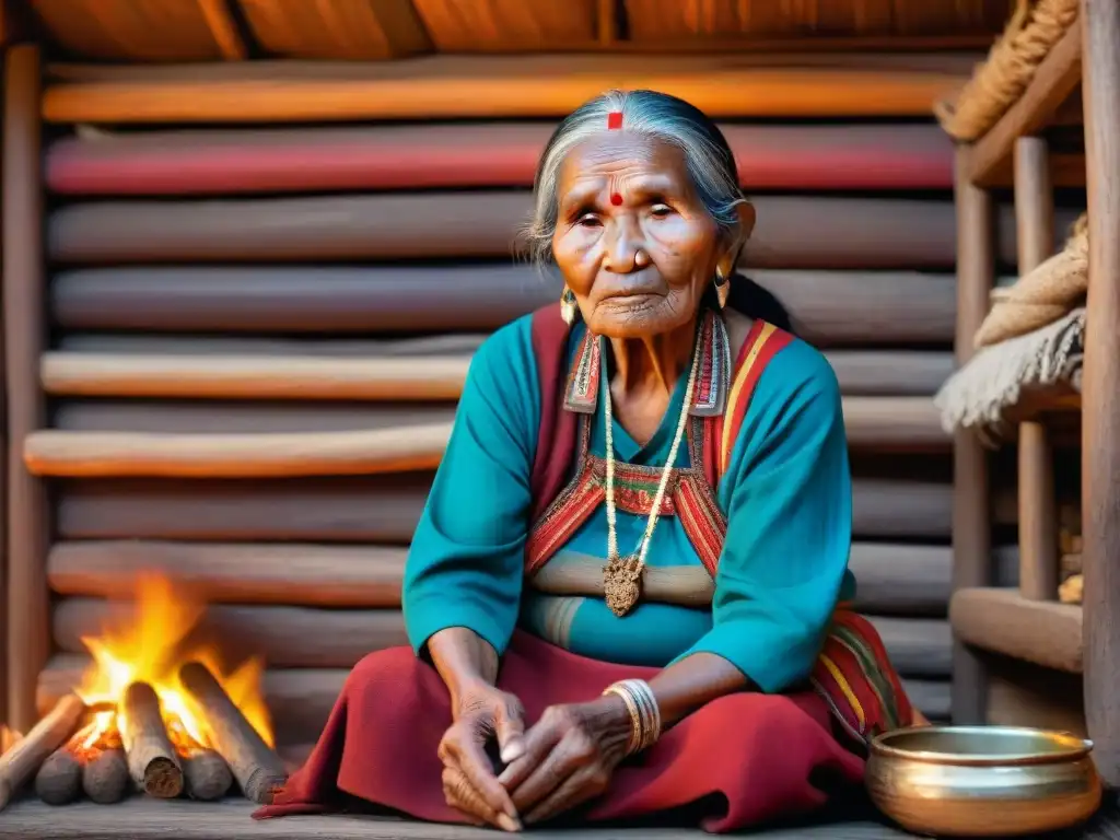 Anciana indígena tejiendo una colorida tapicería junto al fuego en una choza iluminada, preservación lenguas tradiciones extinción