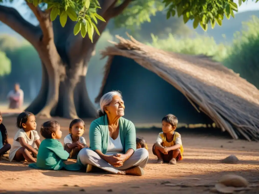 Una anciana indígena cuenta una historia con pasión a niños bajo un árbol