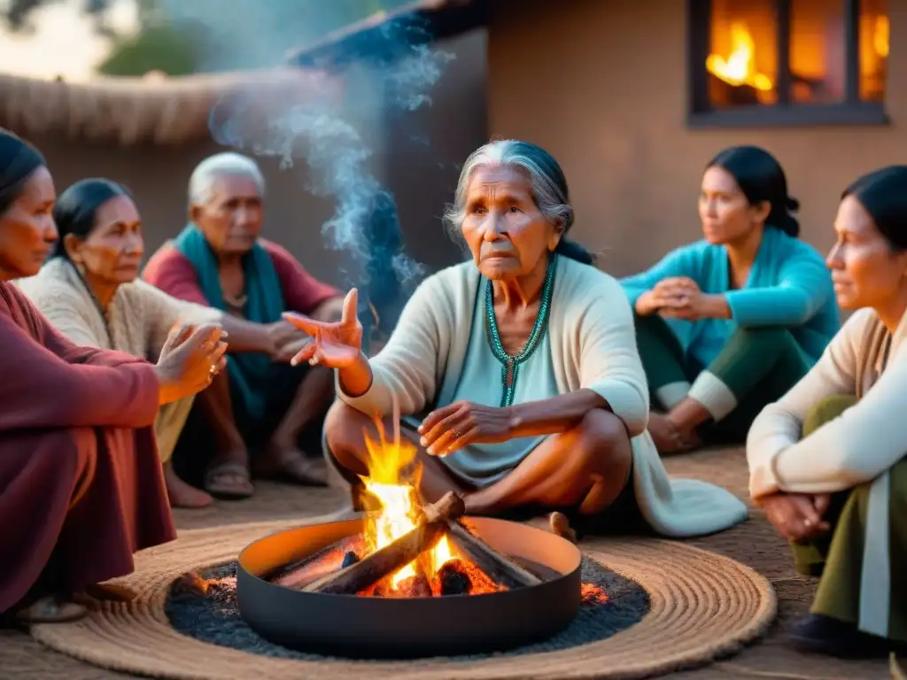 Una anciana indígena comparte una historia sanadora junto al fuego, iluminando su rostro en un círculo de oyentes atentos