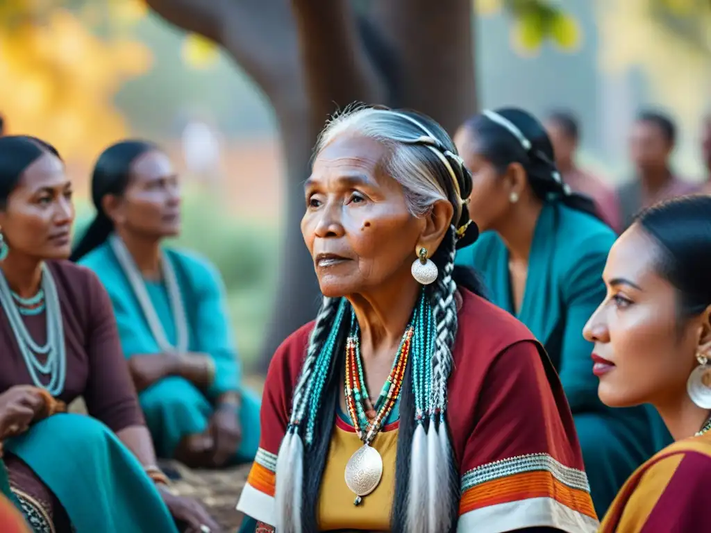 Una anciana indígena comparte historias bajo un árbol con un grupo diverso en un intercambio de tradiciones orales culturas