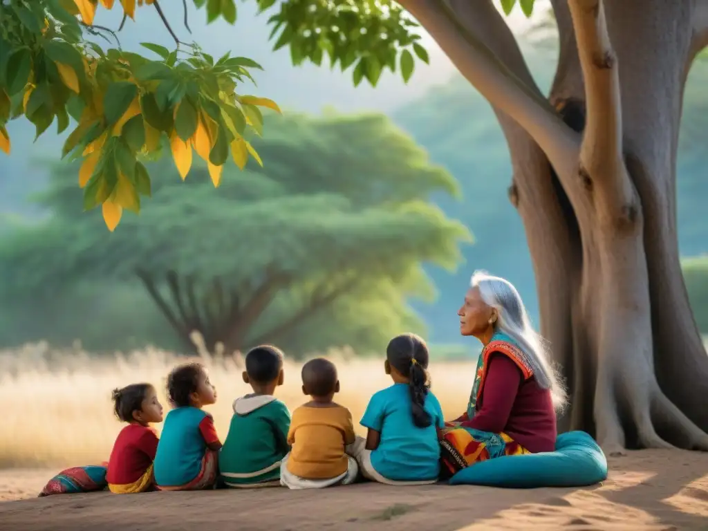 Una anciana indígena comparte historias con niños, resaltando la preservación de lenguas y tradiciones en riesgo de extinción bajo un árbol colorido