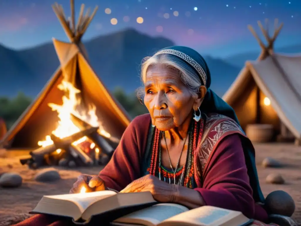 Anciana indígena preservando lenguas y tradiciones ancestrales bajo las estrellas