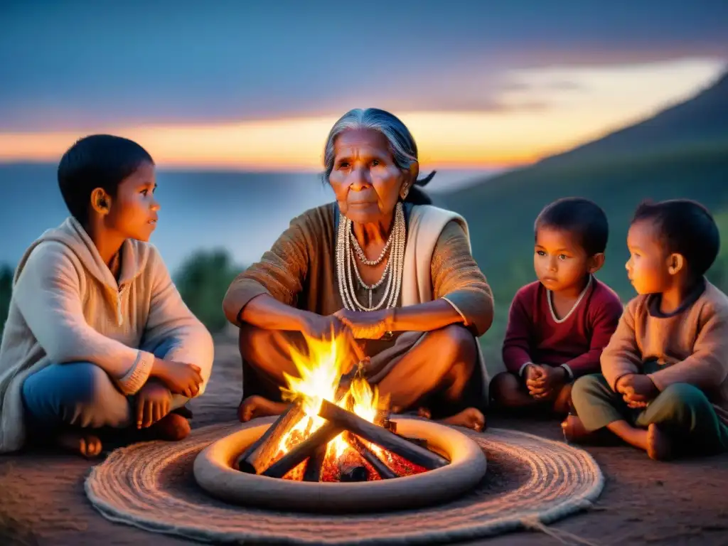 Anciana indígena relata tradiciones orales sobre ciclo vida junto al fuego, cautivando a niños en noche estrellada