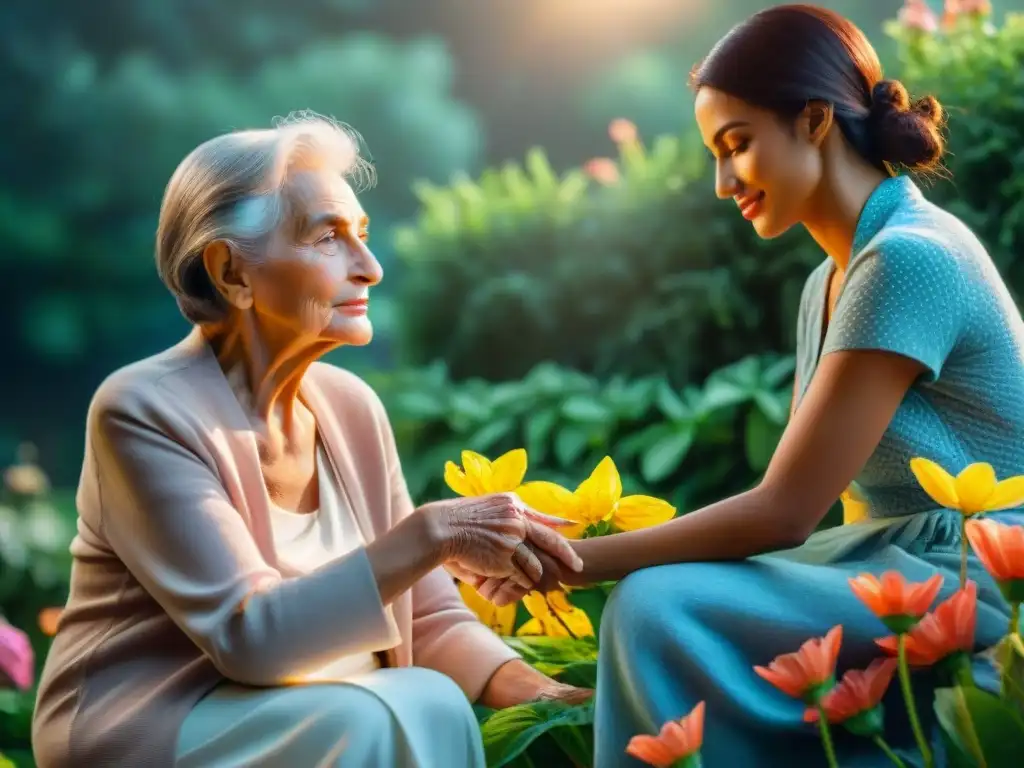 Una anciana y un joven se miran con perdón en un jardín tranquilo lleno de flores coloridas, en una práctica milenaria de sanación emocional