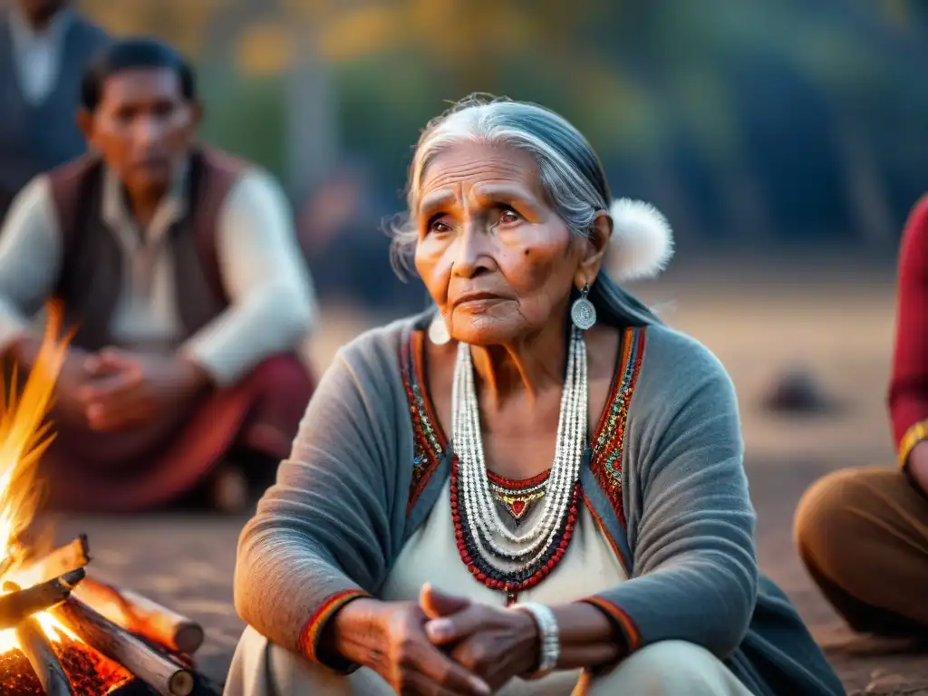 Una anciana mujer indígena narra historias ancestrales junto al fuego, rodeada de mujeres y niños en una noche estrellada