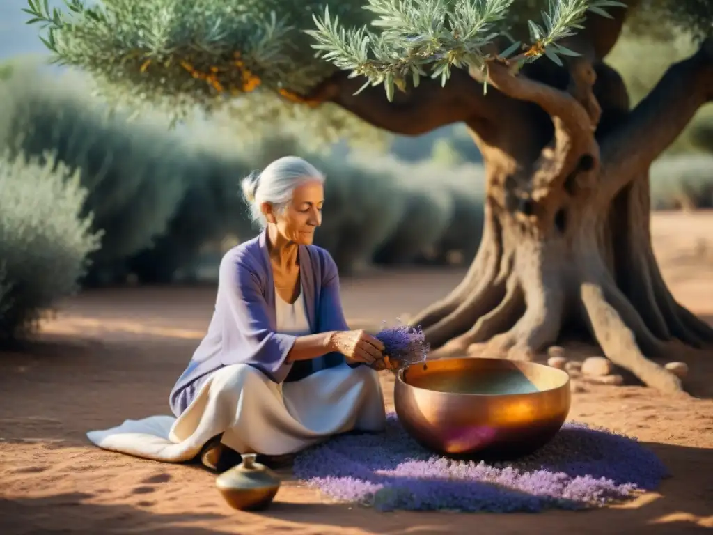 Una anciana destilando pétalos de lavanda en un alambique de cobre bajo la luz del sol entre olivos centenarios