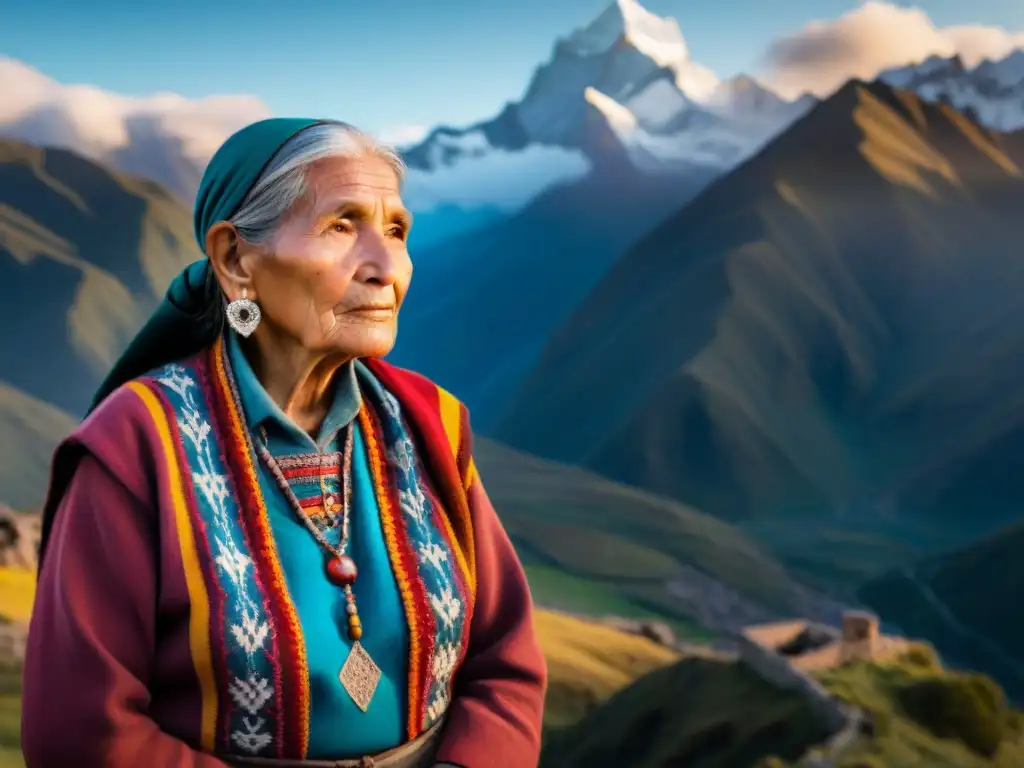 Una anciana Quechua en la majestuosa cordillera, tejidos coloridos y sabiduría ancestral