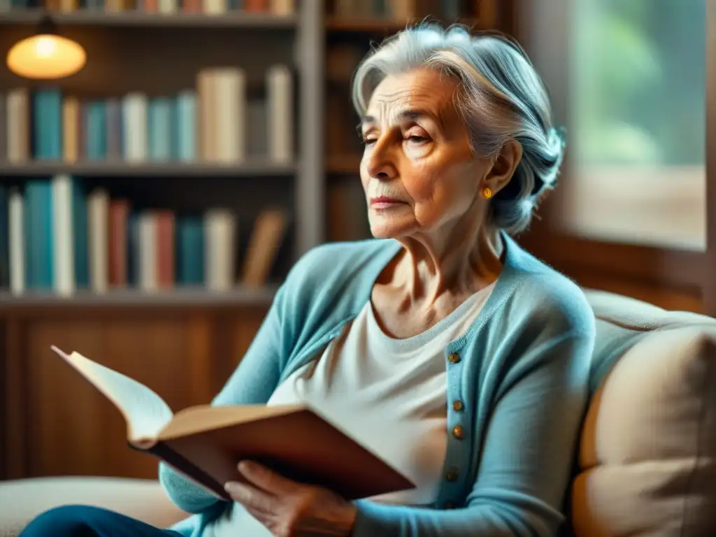 Una anciana reflexiva en su sala llena de libros, mirando por la ventana