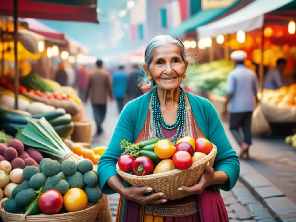 Una anciana viste ropa tradicional, sostiene un Cuerno de Abundancia rebosante de frutas y verduras en un bullicioso mercado lleno de vida