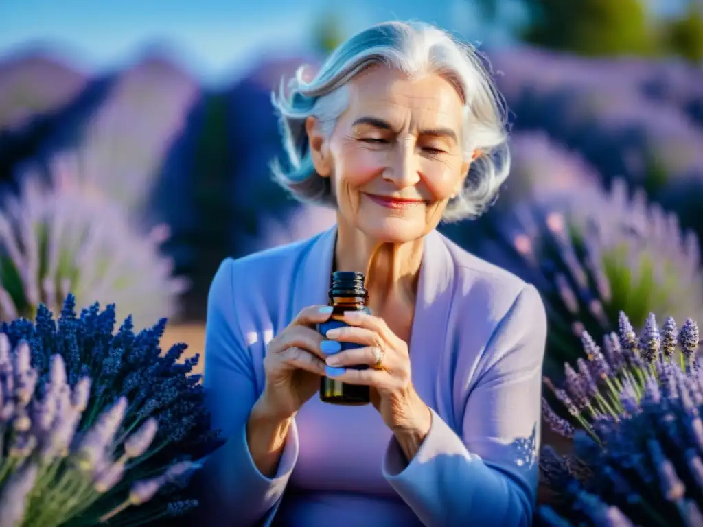 Una anciana sabia en un campo de lavanda, sosteniendo aceite esencial