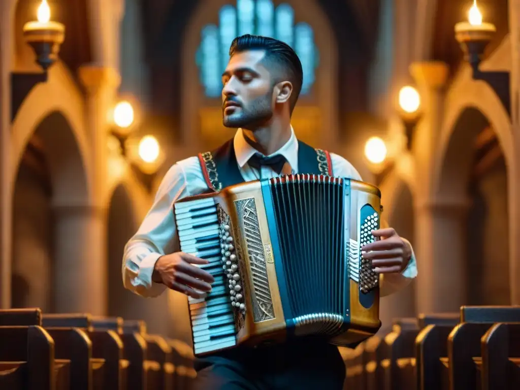 Un anciano acordeonista en una catedral iluminada por velas, tocando con maestría