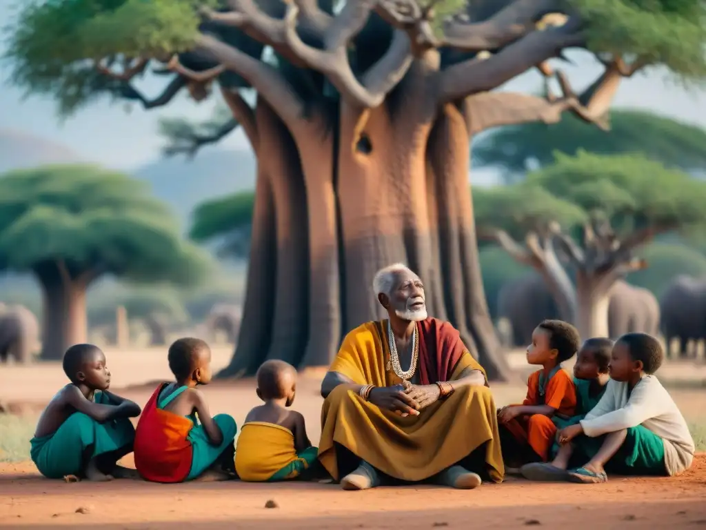 Un anciano africano comparte proverbios africanos bajo un baobab con niños